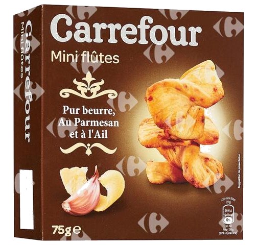 Biscuits Apéritifs Mini Flûtes Pur Beurre au Parmesan et à l'Ail Carrefour 75g