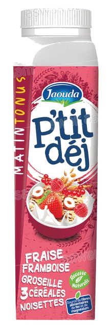 YAOURT A BOIRE FRAISE, FRAMBOISE, GROSEILLE, 3 CEREALES & NOISETTES 320G P’TIT DEJ JAOUDA