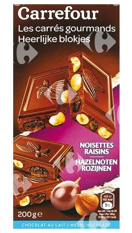 Tablette de Chocolat au Lait aux Noisettes aux Raisins Carrefour 200 g