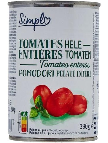 Conserve Tomates Pelées Entières au jus Simpl Carrefour Blanc 400 g