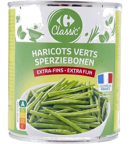 Conserve d'Haricots Verts Extra Fins Carrefour 800 g
