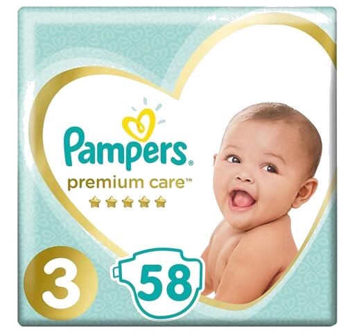 Couches Bébé Premium Care Taille 3 (6-10 kg) Pampers 58 unités