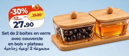 Boîtes en verre avec couvercle en bois + plateau – Lot de 2