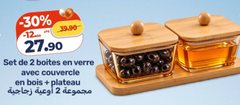 Boîtes en verre avec couvercle en bois + plateau – Lot de 2