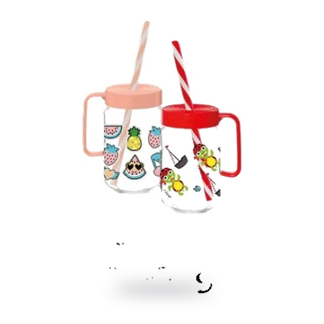 Mug en verre décoré avec couvercle et paille – 37 cl