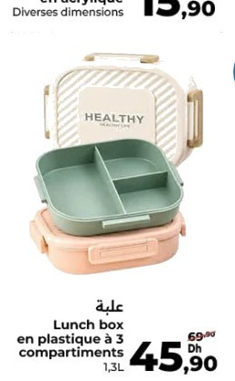 Boîte repas en plastique à 3 compartiments – 1.3L