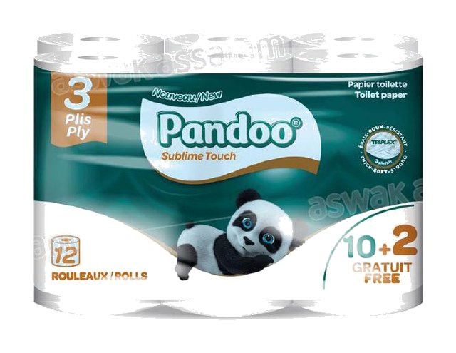 PAPIER HYGIENIQUE 3 PLIS 12 ROULEAUX PANDOO (10 ACHETES = 2 GRATUITS)