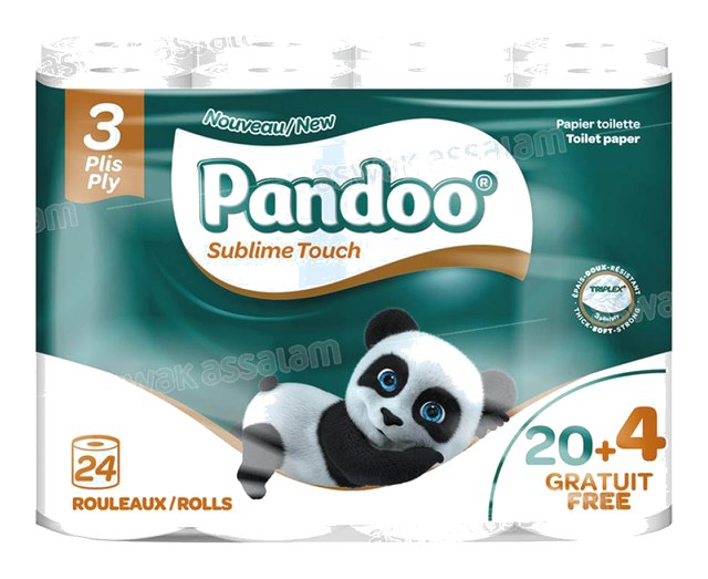 PAPIER HYGIENIQUE 3 PLIS 24 ROULEAUX PANDOO (20 ACHETES = 4 GRATUITS)
