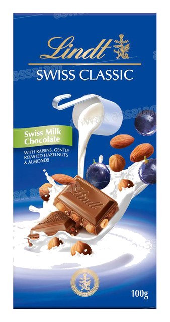 CHOCOLAT SWISS CLASSIC LAIT RAISINS & NOISETTES 100G LINDT