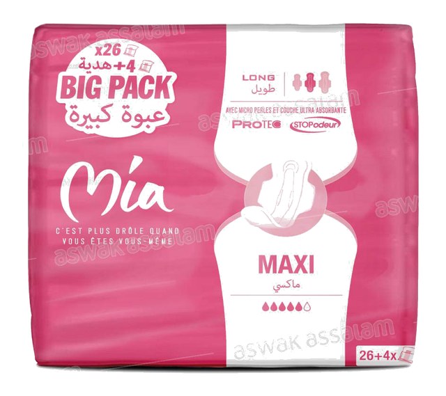 SERVIETTES HYGIENIQUES MAXI LONG PACK DE 30 MIA (26 ACHETEES = 4 GRATUITS)