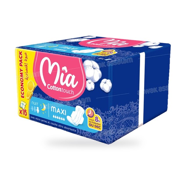 SERVIETTES HYGIENIQUES MAXI NUIT ECONOMY PACK 16 UNITES MIA