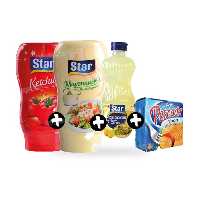 LOT : MAYONNAISE 300G + KETCHUP 300G + VINAIGRE CITRON 50CL + THON A L’HUILE VEGETALE 80G STAR