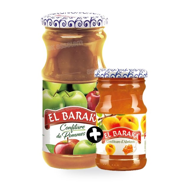 LOT 2 CONFITURES POMME 37CL + ABRICOT 21CL EL BARAKA