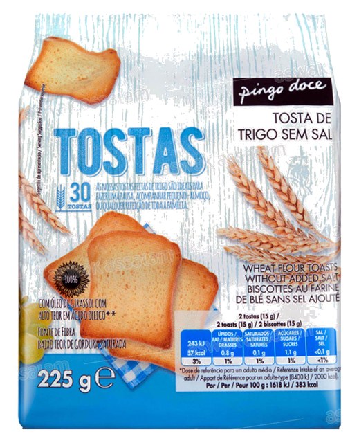 TOAST DE BLE SANS SEL 30 UNITES 225G PINGO DOCE