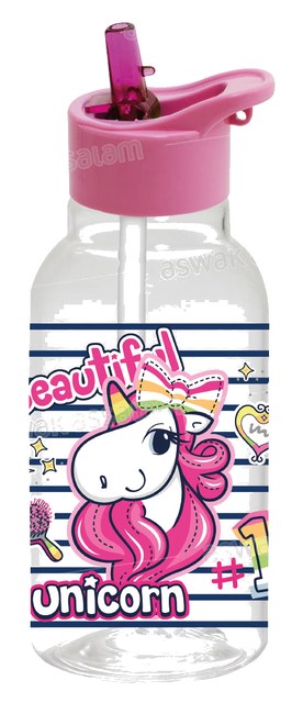 BOUTEILLE A EAU EN PLASTIQUE AVEC PAILLE 460ML LICORNE