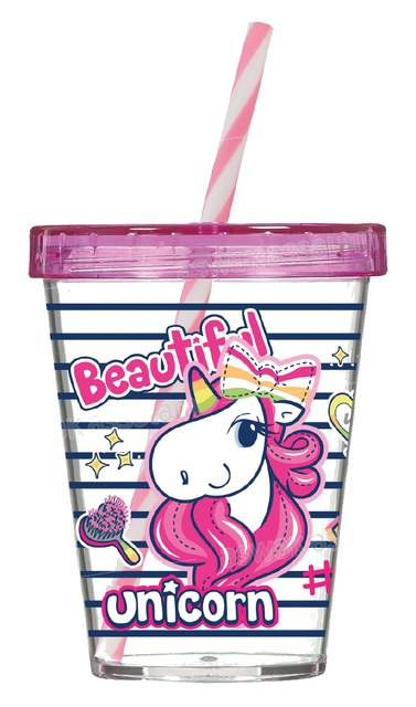 GOBELET EN PLASTQIUE AVEC COUVERCLE ET PAILLE 450ML LICORNE