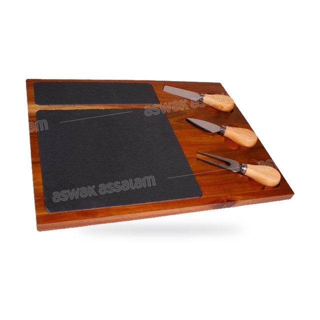 SERVICE A FROMAGE EN ARDOISE COMPOSE D’UNE PLANCHE DE PRESENTATION 36*28CM ET DE 3 COUTEAUX