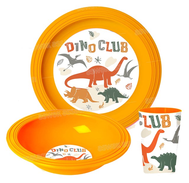 SET DE 3 PIECES GOBELET, BOL ET ASSIETTE EN PLASTIQUE DINO CLUB