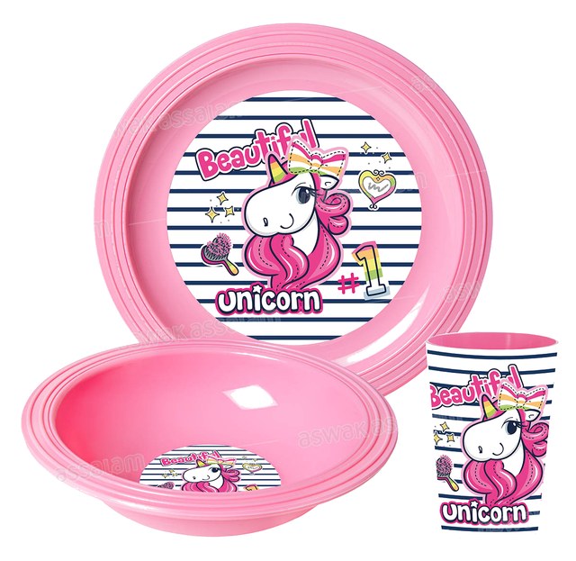 SET DE 3 PIECES GOBELET, BOL ET ASSIETTE EN PLASTIQUE LICORNE
