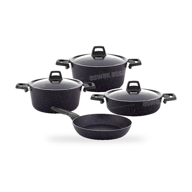 SET DE 7 PIECES 2 MARMITES HAUTES 18 ET 22CM + MARMITE 26CM + POELE 26CM, EPAISSEUR 2.5MM