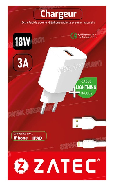 CHARGEUR + CABLE LIGHTNING USB Z-46 ZATEC