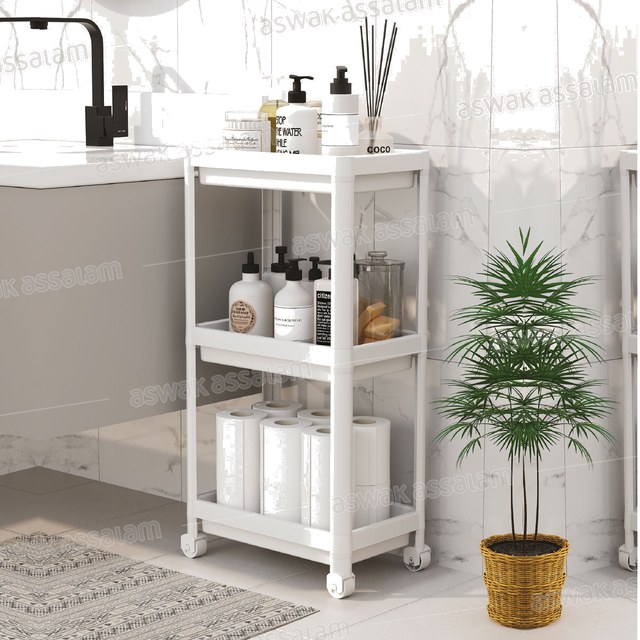 ETAGERE DE RANGEMENT SALLE DE BAIN BLANCHE 3 NIVEAUX AVEC ROULETTES 36*23*71CM