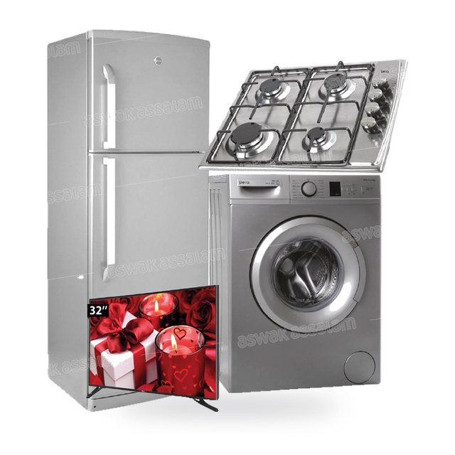 PACK ELECTROMENAGER : REFRIGERATEUR DP405 405L + MACHINE A LAVER 842S 6KG + PLAQUE DE CUISSON INOX EX410 4 FEUX + SMART TV 32 POUCES SIERA