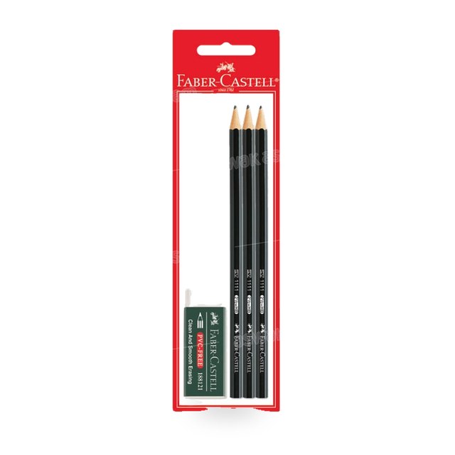 3 CRAYONS NOIRS + GOMME FABER CASTELL