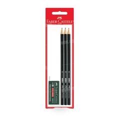 3 CRAYONS NOIRS + GOMME FABER CASTELL