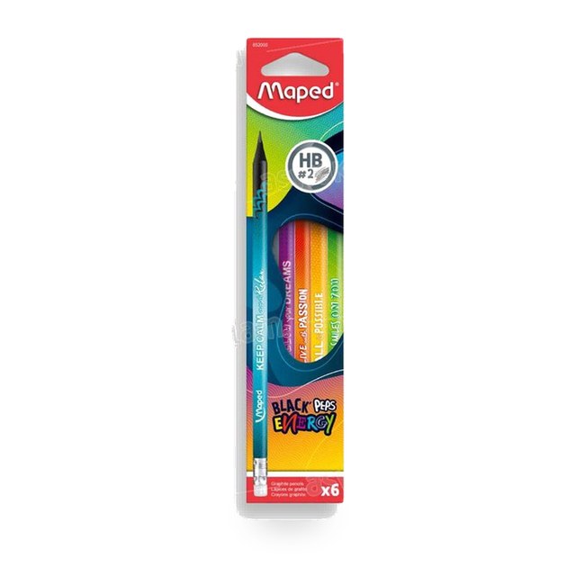 LOT DE 6 CRAYONS NOIRS A PAPIER ENERGY AVEC EMBOUT GOMME HB MAPED