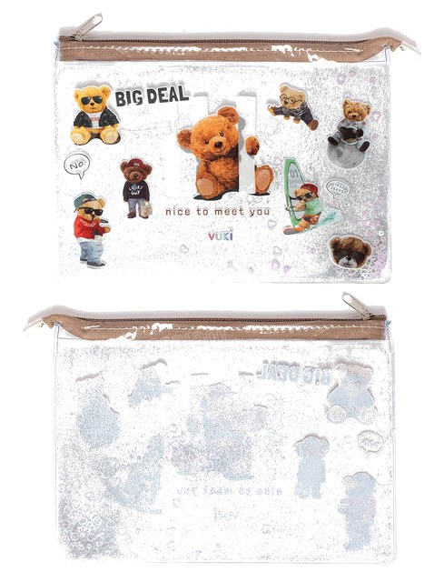 TROUSSE A CRAYONS A FERMETURE ECLAIR TRANSPARENTE EAU PAILLETEE 24*17*0,2CM MOTIF OURS VUKI