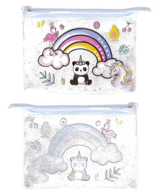 TROUSSE A CRAYONS A FERMETURE ECLAIR TRANSPARENTE EAU PAILLETEE 24*17*0,2CM MOTIF PANDA VUKI