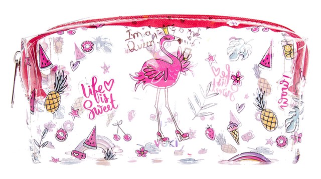 TROUSSE A CRAYONS A FERMETURE ECLAIR TRANSPARENTE MOTIF FLAMINGO 18,5*9*6CM VUKI