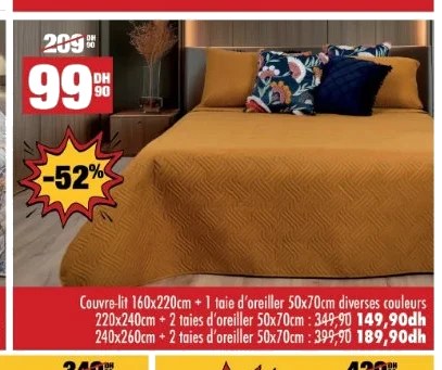 Couvre-lit 160x220cm + 1 taie d’oreiller 50x70cm diverses couleurs