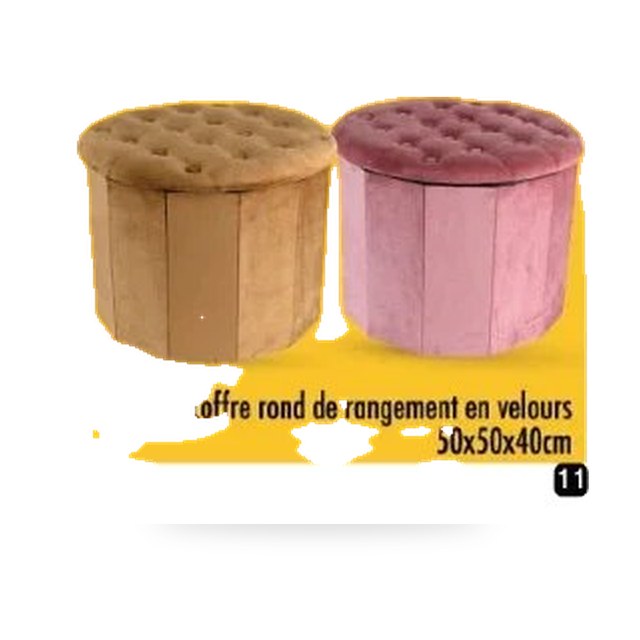 Pouf coffre rond de rangement en velours – 50x50x40cm