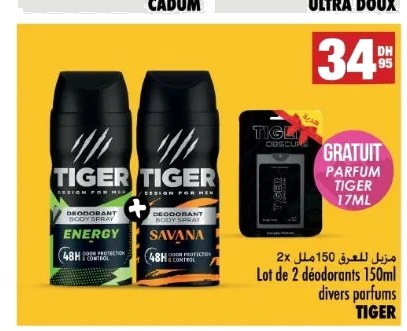 Déodorant spray Tiger divers parfums – Lot de 2 x 150 ml + parfum 17 ml