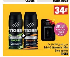 Déodorant spray Tiger divers parfums – Lot de 2 x 150 ml + parfum 17 ml