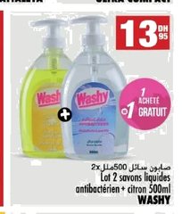 Savon liquide Washy antibactérien + citron – Lot de 2 x 500 ml