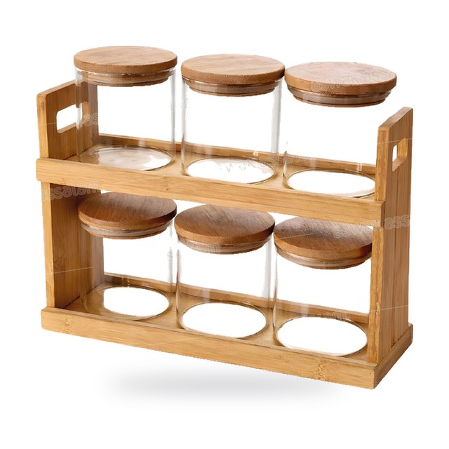 ENSEMBLE 6 BOCAUX A EPICES EN VERRE AVEC COUVERCLE ET SUPPORT