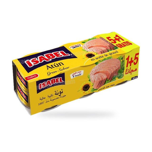 LOT DE 6 BOITES DE THON A L’HUILE DE TOURNESOL 80G (5 ACHETES = 1 GRATUIT) ISABEL