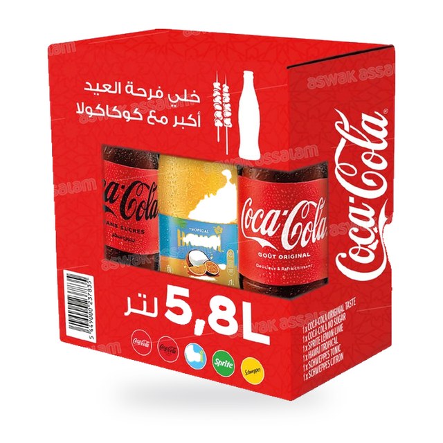 PACK MIXTE DE 6 BOISSONS GAZEUSES 5,8L HAWAI-COCA COLA-SPRITE-SCHWEPPES