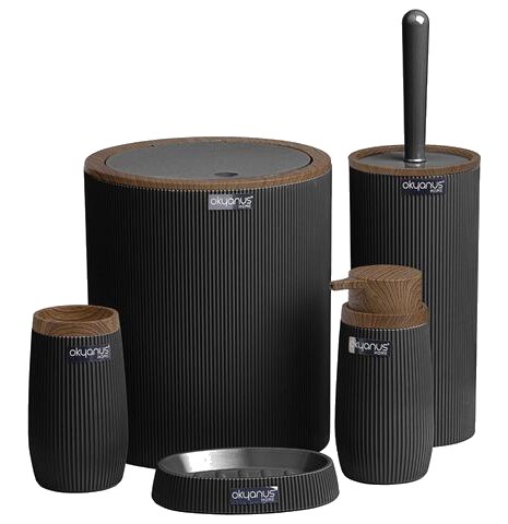 Set de Salle de Bain Rond Rayé Bois Noir Okyanus 5 unités