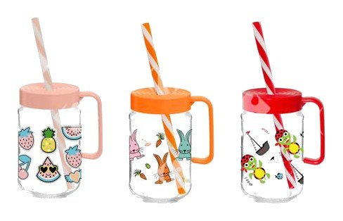 Mug en Verre Décorée avec Couvercle et Paille 0,37L